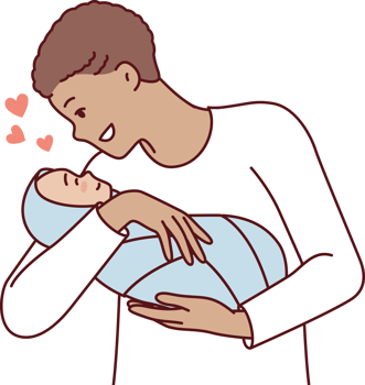 Loving man holds newborn baby in arms and smiles enjoy communication with own son png