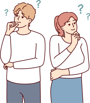 Man and woman look in different directions and scratch their chins thinking idea png
