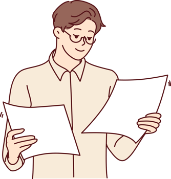 Concentrated man office worker holding two sheets of paper in hands reading report png