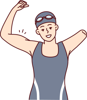Woman swimmer with one arm showing strength by showing biceps as sign of victory png