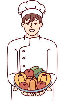Man restaurant chef holds plate with fresh vegetables offering to make vegetable salad png