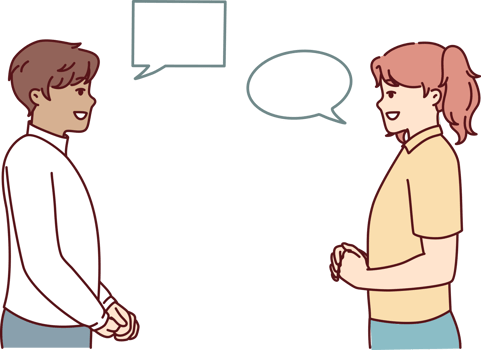 Man and woman in casual clothes with talking bubbles discussing plans for weekend png