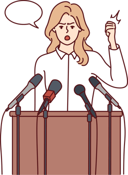 Woman politician speaks stands near wooden tribune with microphones and waving hand png