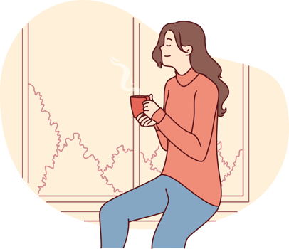 Positive girl dreaming and watching landscape through window with cup coffee in hands png