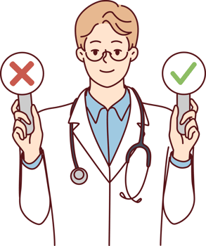 Man doctor with stethosop around neck demonstrates signs with check mark and cross png