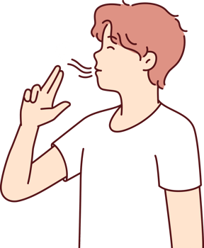 Casual guy teenager puts fingers to lips depicting gun and lights invisible cigarette png