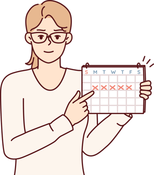 Young woman points finger at calendar with marks recommending time management png