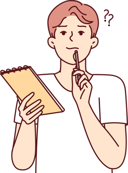Thoughtful man with notebook puts pen to face while thinking about difficult task png