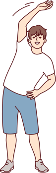 Young guy does warm-up while standing in home interior before jogging or doing sports png