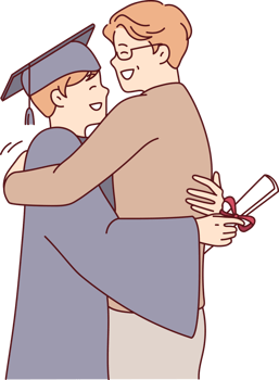 Young guy university graduate in academic robe hugs father after receiving diploma png