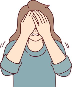 Depressed woman covers eyes with hands when she cries or sees something scary png