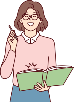 Happy woman in glasses holding large notepad in hands and making note or plan for day png