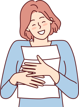 Happy woman hugging and clutches to chest paper letter from boyfriend or family png