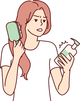 Woman combing hair out of frustration reads composition of cosmetic product png