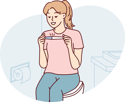 Positive woman sitting in toilet happily looking at pregnancy test result png