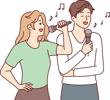Man and woman with microphones perform song while enjoying karaoke break on day off png