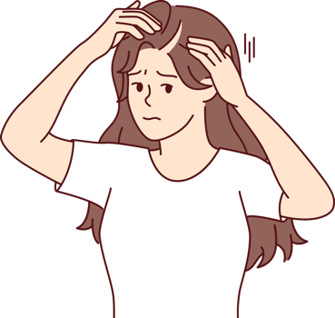 Woman suffering from hair loss touching head looking at scar through mirror png