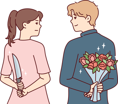 Man and woman look into eyes holding knife and flowers behind their backs png