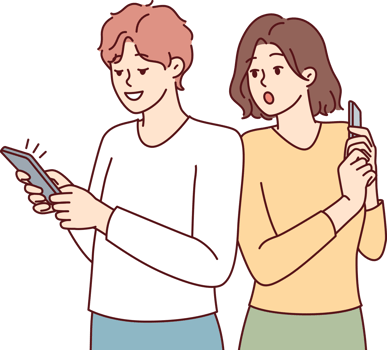 Curious woman looking at boyfriend phone spying on social media correspondence png