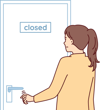 Indecisive woman pulls hand to door with inscription closed stands with back to screen png