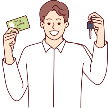 Happy man in white shirt demonstrates drivers license and keys to new car png
