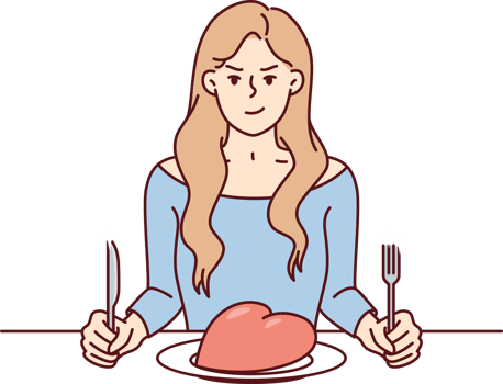 Frowning woman sits at table with giant heart in plate and holds fork with knife png