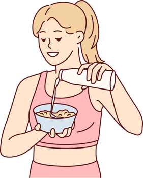 Woman preparing healthy breakfast adding milk to plate after morning fitness or sports png