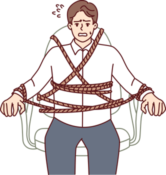 Business man is tied to office chair and feels fear due to strict deadlines png