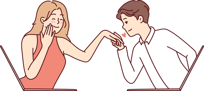 Determined guy kisses hand of embarrassed girl looking out of laptop screen png