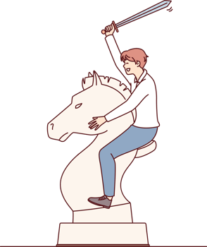 Man with sword astride huge horse chess piece symbolizes determination png