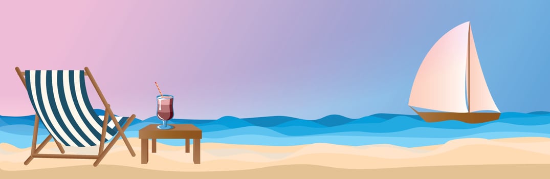 Wide banner. Summer evening sea background, sunset pink light, yacht in the sea and beach cocktail on the sand. Postcard, holiday season advertisement, beach holiday vector