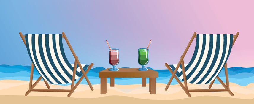 Wide banner. Summer evening sea background, sunset pink light, yacht in the sea and two beach cocktails on the sand. Postcard, holiday season advertisement, beach holiday vector