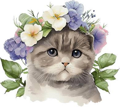 Cute British Cat Flowers Watercolor Illustration png