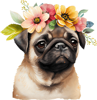 Cute Pug Dog Flowers Watercolor Illustration png