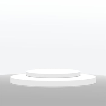 Abstract white 3D room with realistic white cylinder pedestal podium set and palm leaf shadow overlay. Minimal scene for product display presentation. Vector geometric platform. Stage for showcase.