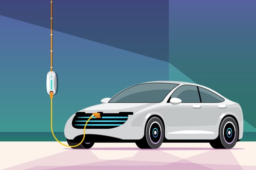 Electric car on charging station. Installation of charging stations in buildings, houses, apartment. Direction for using clean energy. vector illustration