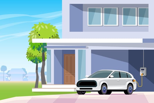 Electric car on home charging station. Installation of charging stations in houses. Direction for using clean energy. vector illustration