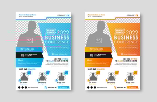 Business conference live meeting and event flyer template. Corporate invitation business workshop and abstract seminar promotion poster design. Leaflet, modern layout, pamphlet, vector flyer in A4.