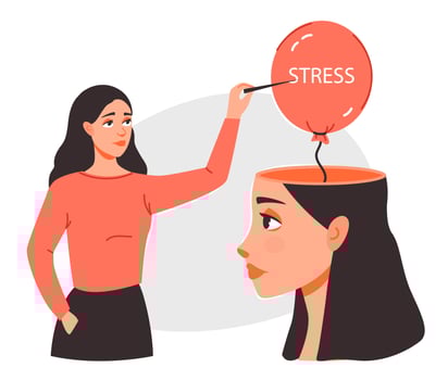 Stress Awareness. A young woman bursts a stress bubble in her head. Stress management, depression. Mental health. Flat vector illustration.
