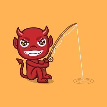cute cartoon devil loves fishing vector