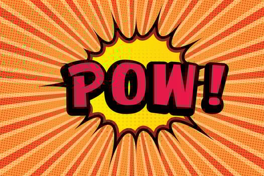 Pow comic retro vector art on orange sunburst background