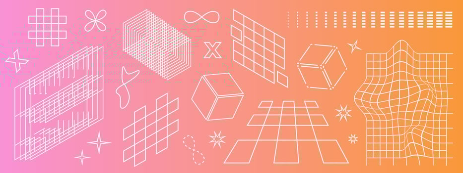 Retro futuristic elements. Vector illustration of perspective objects, distortions, grids, 3d geometric shapes and signs. Trendy gradient background.