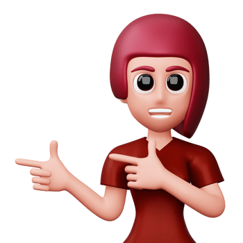 Happy excited woman pointing to the side, Cute cartoon character, 3d rendering png