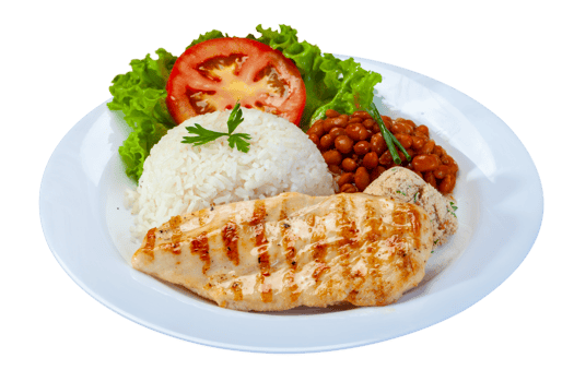 Rice beans grilled chicken steak salad and farofa png