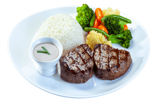 Roasted steak meat, rice and vegetables png