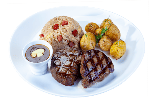 Roasted steak meat, potatoes and rice png