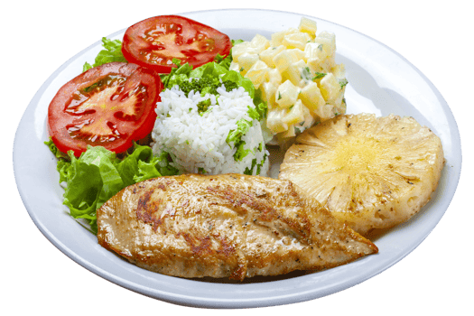 Grilled chicken breast fillet, rice, salad, potatoes, pineapple slice png