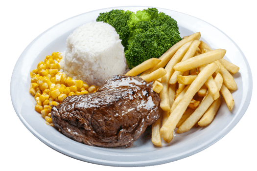 Grilled meat, french fries, rice, broccoli, corn png