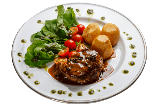 Filet mignon steak with arugula, cherry tomatoes, potatoes png