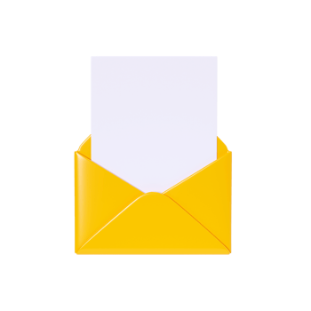 Letter 3d render - open yellow envelope with empty paper card. New mail or message notification. Cartoon newsletter icon for income email or postal subscription concept. png